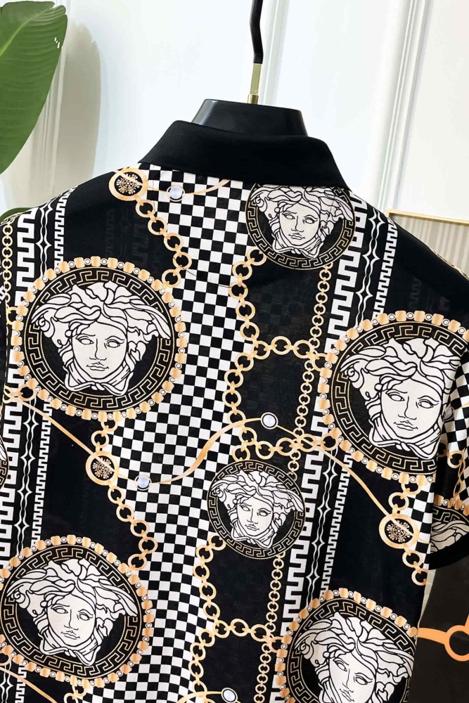 1:1 quality version Black White Checkerboard Gold Chain Greca Circle Medusa All Over Print Polo Shirt 29143769