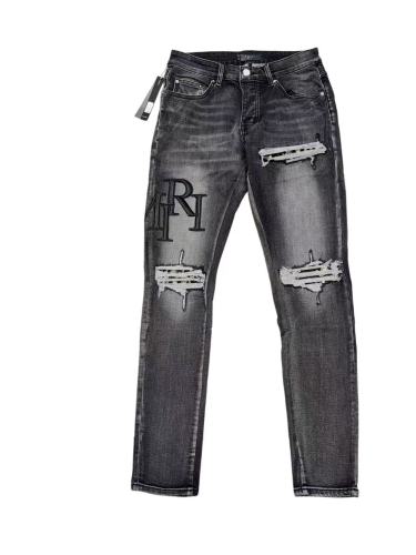 1:1 quality version Wash Multi Frayed Ripped Solid Black 3D ARI Letter Embroidery Slim Jeans 29143960