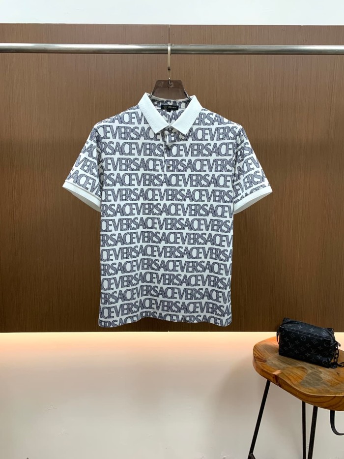1:1 quality versionLuxury All Over Thin Line Versace Letter Repeat Print Pique Polo Shirt 2 colors 29143801