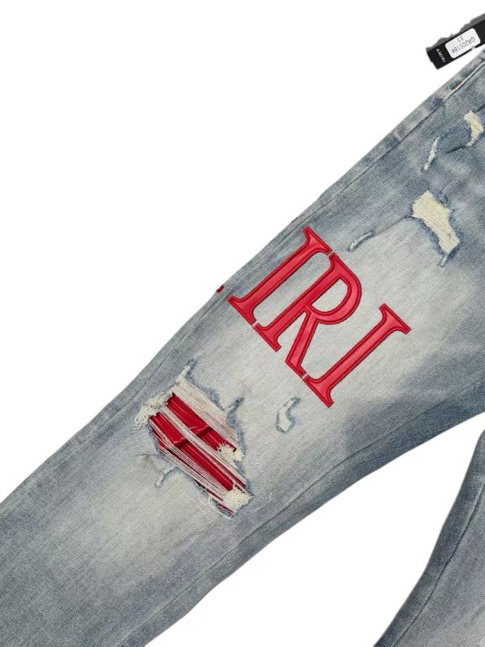 1:1 quality version Distressed Ripped Red Liner Patch Red IRI Embroidery Letter Slim Skinny Denim Jeans 29143923