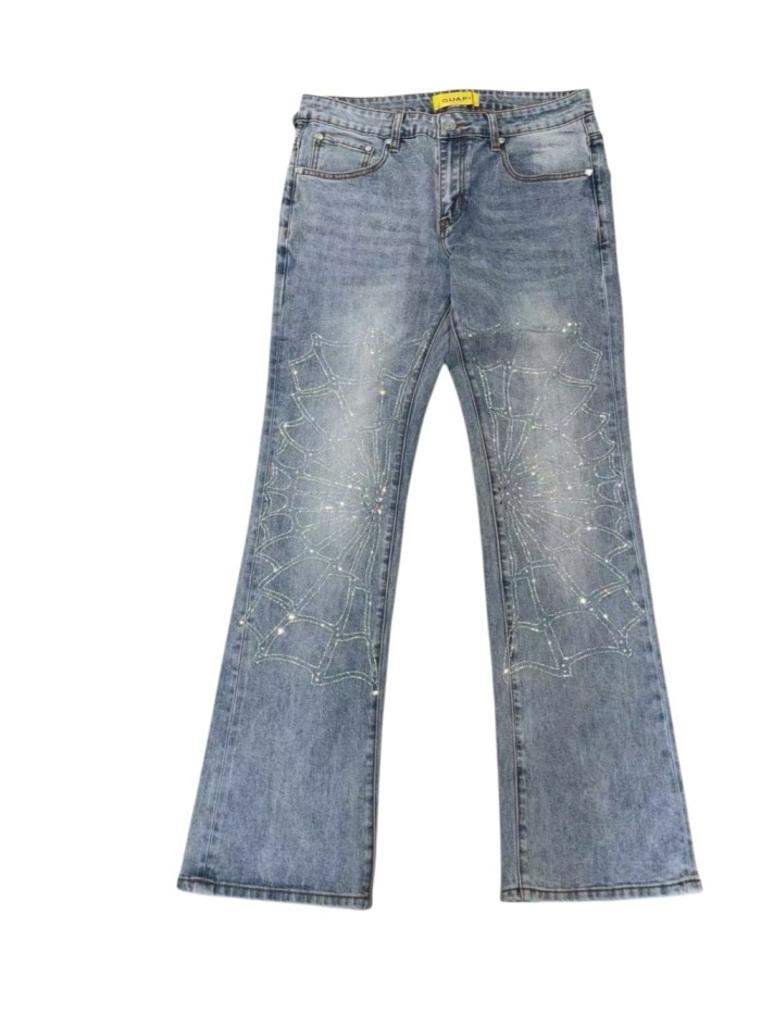 1:1 quality version Vintage Faded Light Blue Crystal Rhinestone Spider Web Flare Jeans 29164292