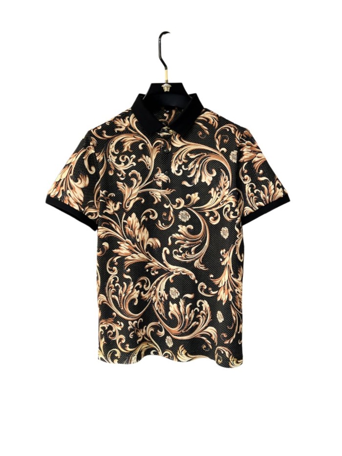 1:1 quality version Luxury Business Style Tiny Dot Background Golden Baroque Scroll Floral All Over Print Polo Shirt 29143798
