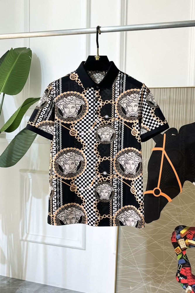 1:1 quality version Black White Checkerboard Gold Chain Greca Circle Medusa All Over Print Polo Shirt 29143769