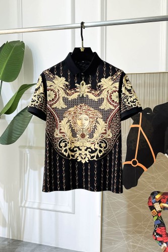 1:1 quality version  Chain Scroll Floral Central Medusa Full Print Black Lapel Men's Polo Shirt 29143767