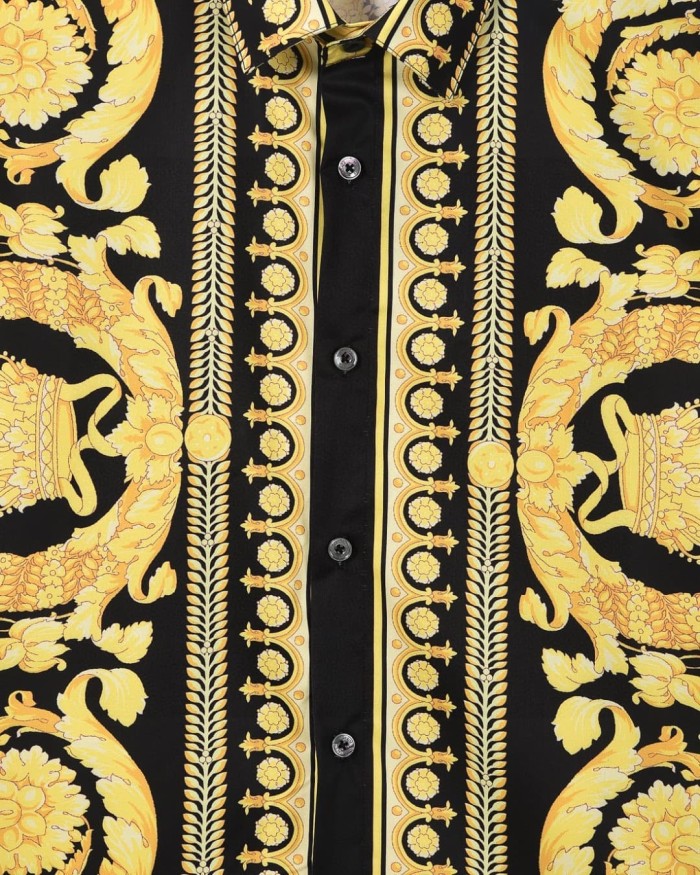 Baroque Royal Style All Over Golden Floral Crown Medallion Print Cuban Collar Vacation Shirt 2 colors 29140025