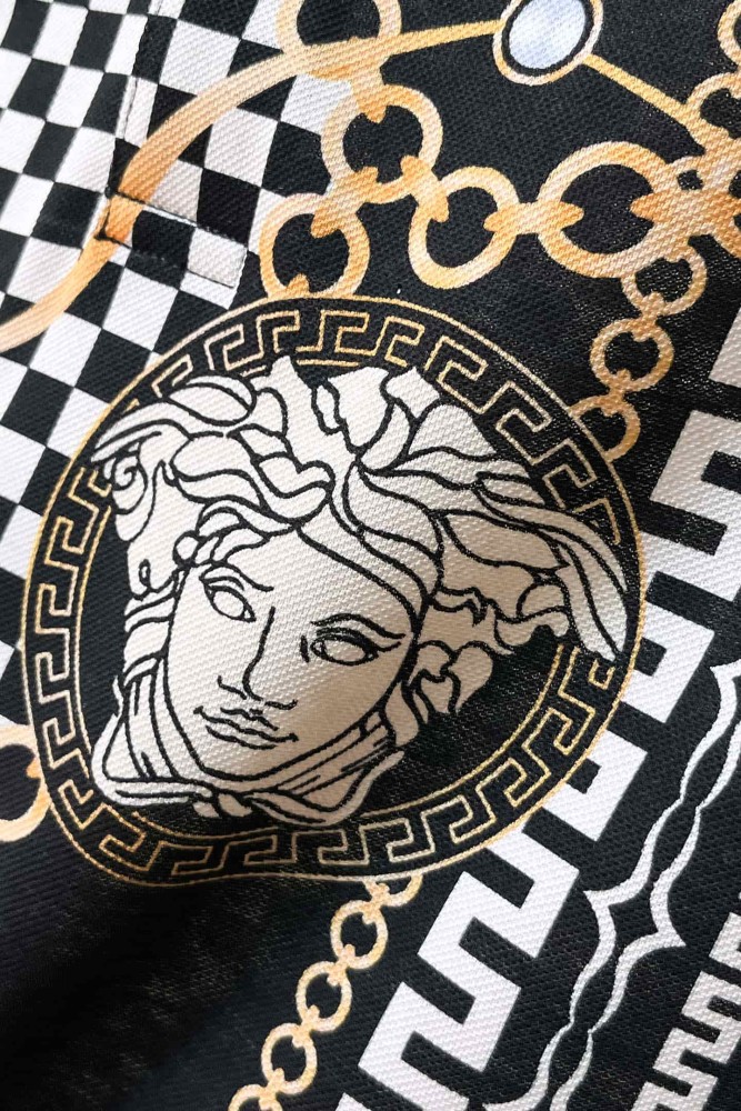 1:1 quality version Black White Checkerboard Gold Chain Greca Circle Medusa All Over Print Polo Shirt 29143769