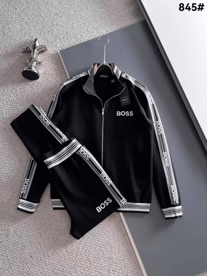 Classic Logo Embroidery & Side Webbing Stripe Zip Up Collared Sweatshirt + Drawstring Cuffed Jogger Pants Set 151 colors 29107785