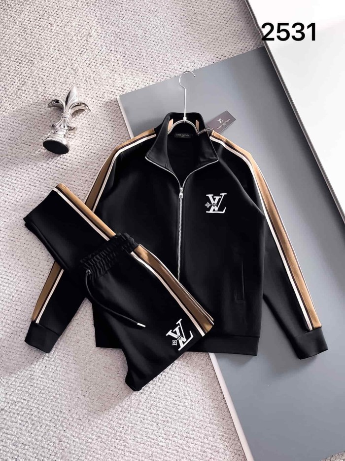 Classic Logo Embroidery & Side Webbing Stripe Zip Up Collared Sweatshirt + Drawstring Cuffed Jogger Pants Set 151 colors 29107785
