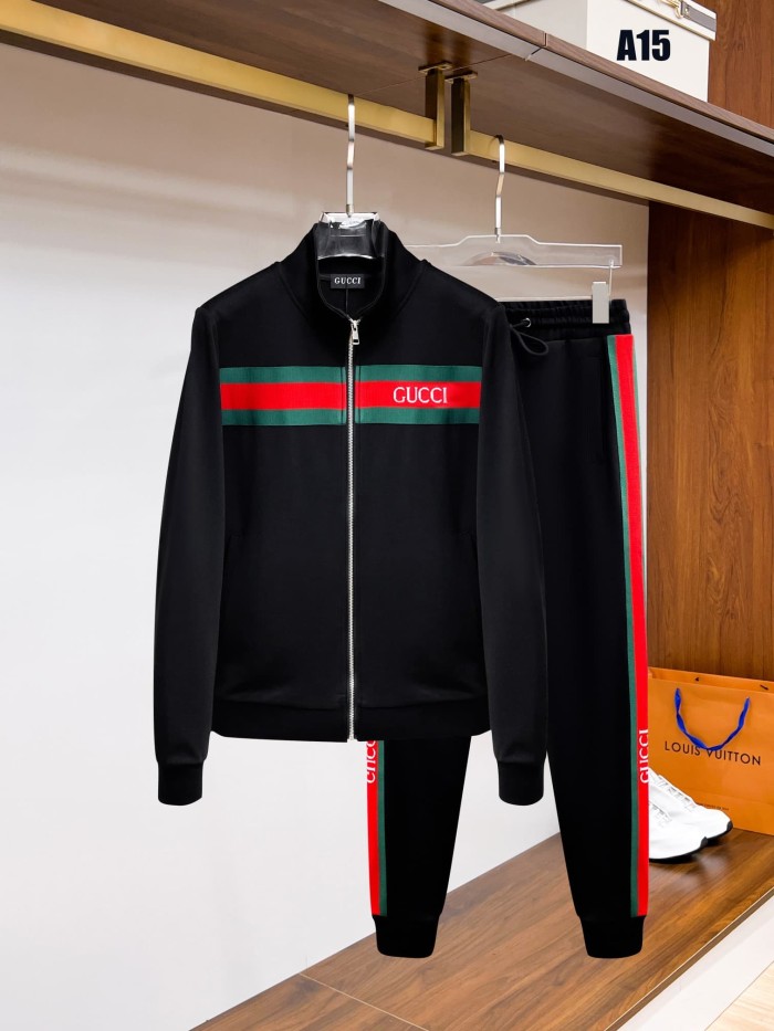 Classic Logo Embroidery & Side Webbing Stripe Zip Up Collared Sweatshirt + Drawstring Cuffed Jogger Pants Set 151 colors 29107785