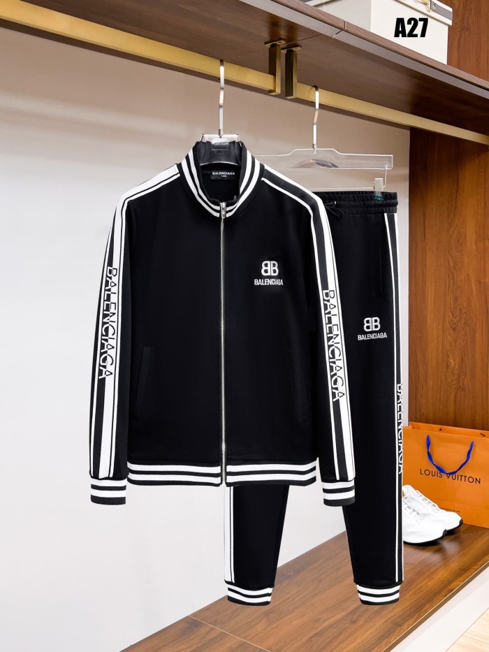 Classic Logo Embroidery & Side Webbing Stripe Zip Up Collared Sweatshirt + Drawstring Cuffed Jogger Pants Set 151 colors 29107785