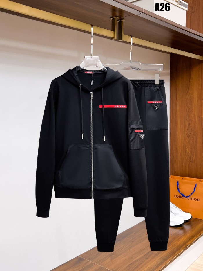 Classic Logo Embroidery & Side Webbing Stripe Zip Up Collared Sweatshirt + Drawstring Cuffed Jogger Pants Set 151 colors 29107785