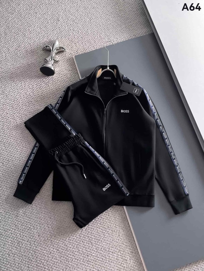 Classic Logo Embroidery & Side Webbing Stripe Zip Up Collared Sweatshirt + Drawstring Cuffed Jogger Pants Set 151 colors 29107785