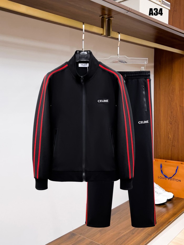 Classic Logo Embroidery & Side Webbing Stripe Zip Up Collared Sweatshirt + Drawstring Cuffed Jogger Pants Set 151 colors 29107785