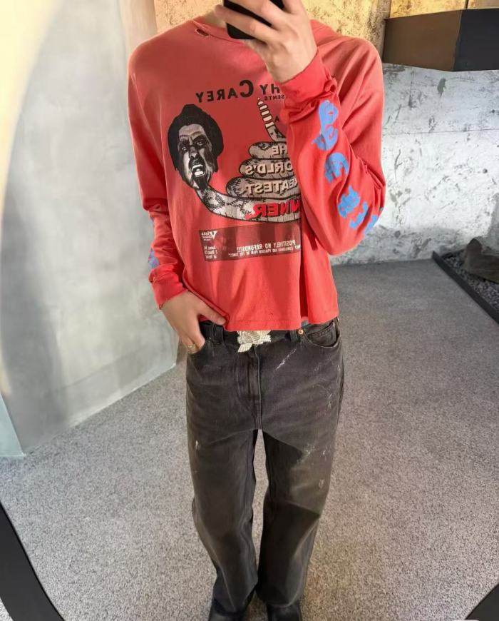 [Big & Tall for weights up to 220 lbs]1:1 quality version East of Eden Print Washed Long Sleeve T-shirt 29166498