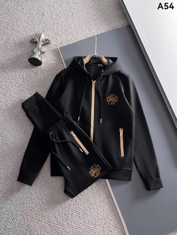 Classic Logo Embroidery & Side Webbing Stripe Zip Up Collared Sweatshirt + Drawstring Cuffed Jogger Pants Set 151 colors 29107785