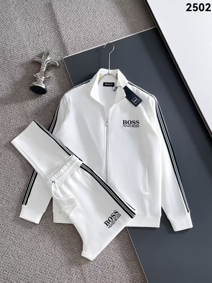 Classic Logo Embroidery & Side Webbing Stripe Zip Up Collared Sweatshirt + Drawstring Cuffed Jogger Pants Set 151 colors 29107785