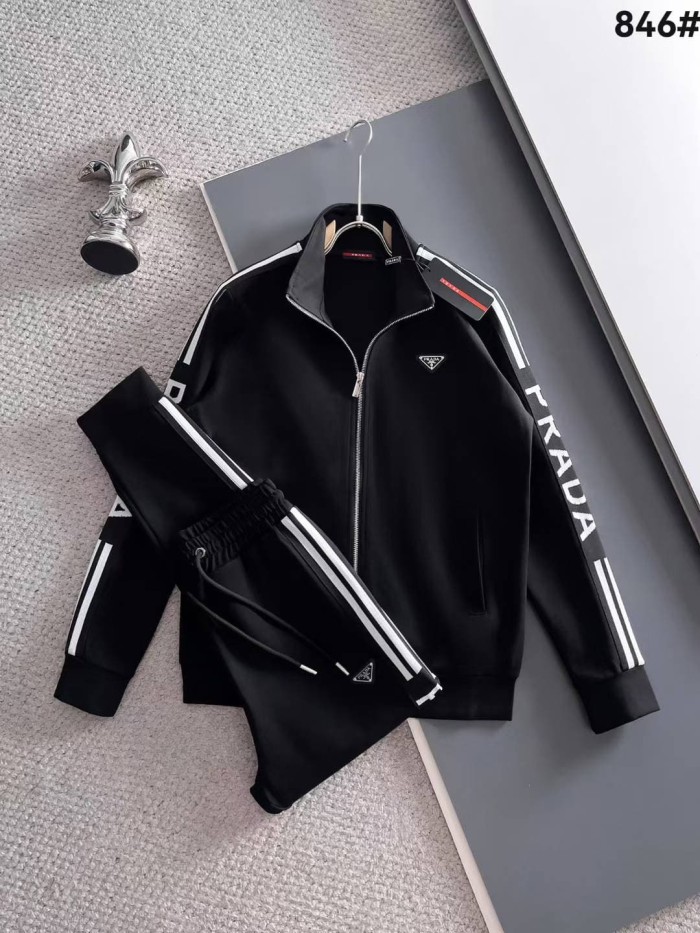 Classic Logo Embroidery & Side Webbing Stripe Zip Up Collared Sweatshirt + Drawstring Cuffed Jogger Pants Set 151 colors 29107785