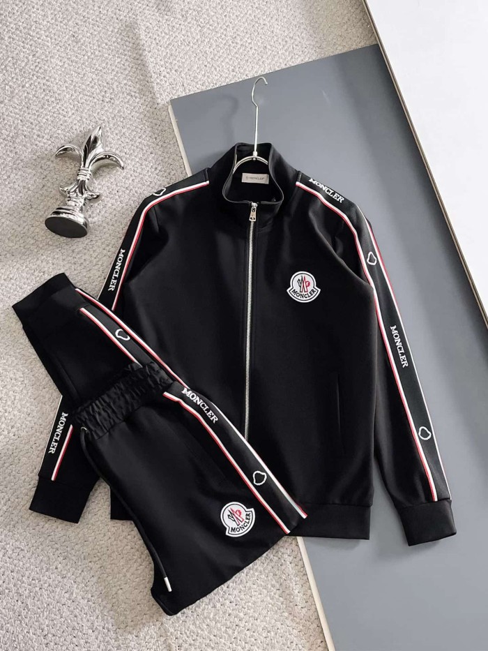 Classic Logo Embroidery & Side Webbing Stripe Zip Up Collared Sweatshirt + Drawstring Cuffed Jogger Pants Set 151 colors 29107785