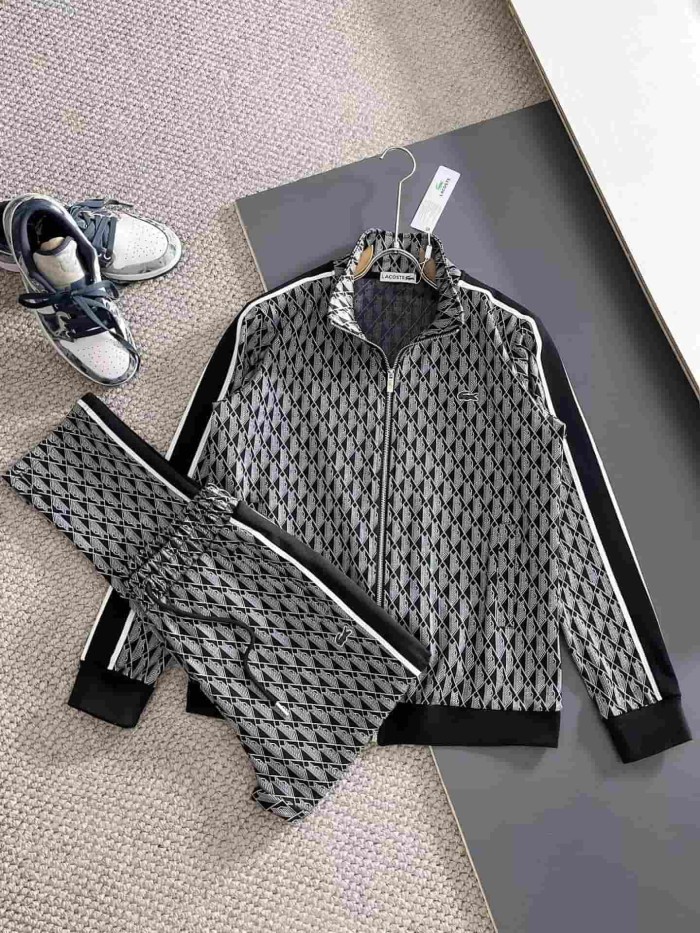 Classic Logo Embroidery & Side Webbing Stripe Zip Up Collared Sweatshirt + Drawstring Cuffed Jogger Pants Set 151 colors 29107785