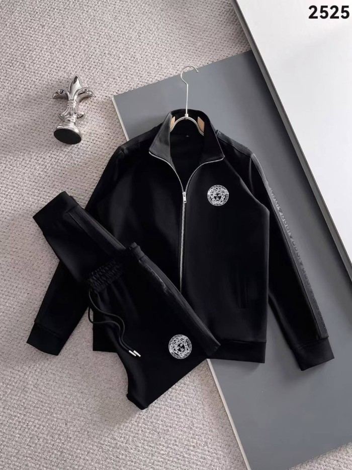 Classic Logo Embroidery & Side Webbing Stripe Zip Up Collared Sweatshirt + Drawstring Cuffed Jogger Pants Set 151 colors 29107785