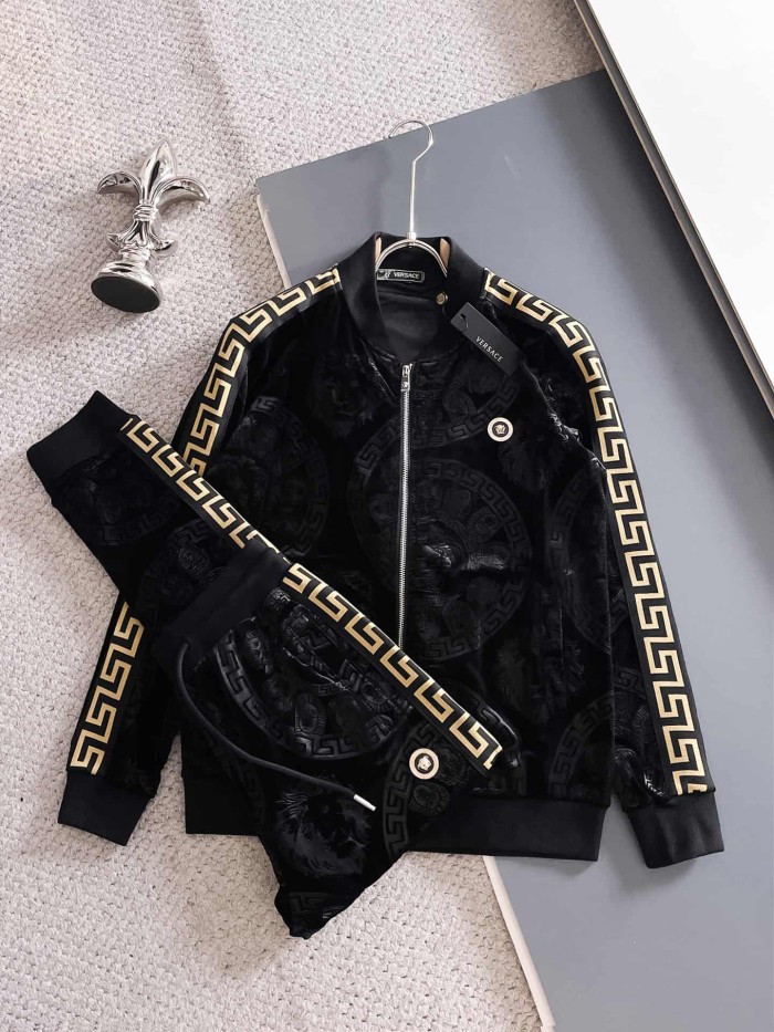 Classic Logo Embroidery & Side Webbing Stripe Zip Up Collared Sweatshirt + Drawstring Cuffed Jogger Pants Set 151 colors 29107785