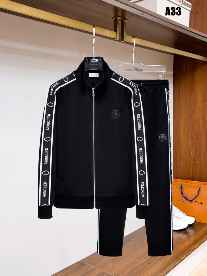 Classic Logo Embroidery & Side Webbing Stripe Zip Up Collared Sweatshirt + Drawstring Cuffed Jogger Pants Set 151 colors 29107785