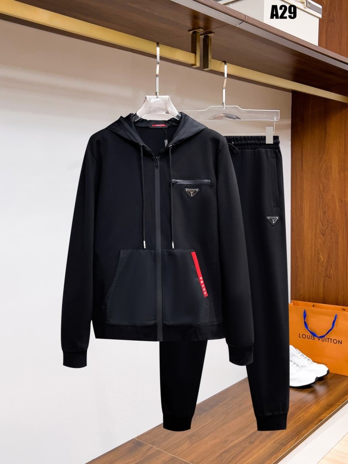 Classic Logo Embroidery & Side Webbing Stripe Zip Up Collared Sweatshirt + Drawstring Cuffed Jogger Pants Set 151 colors 29107785