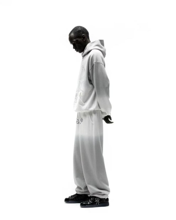 [Big & Tall for weights up to 220 lbs]1:1 quality version Gray White Dip-Dye Spider Web Print Hoodie & Pants Set 29168717