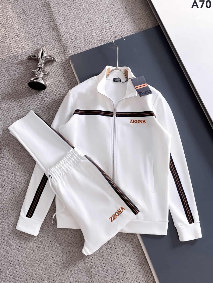 Classic Logo Embroidery & Side Webbing Stripe Zip Up Collared Sweatshirt + Drawstring Cuffed Jogger Pants Set 151 colors 29107785