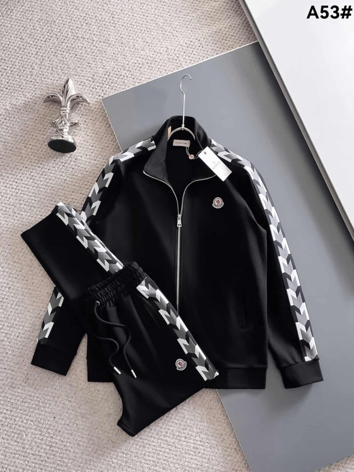 Classic Logo Embroidery & Side Webbing Stripe Zip Up Collared Sweatshirt + Drawstring Cuffed Jogger Pants Set 151 colors 29107785