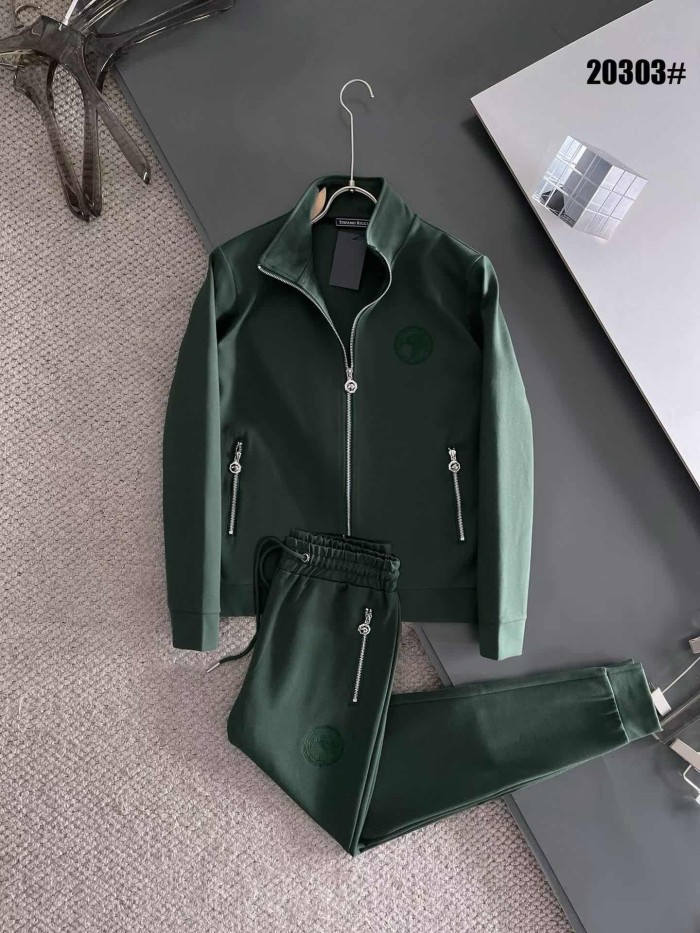 Classic Logo Embroidery & Side Webbing Stripe Zip Up Collared Sweatshirt + Drawstring Cuffed Jogger Pants Set 151 colors 29107785