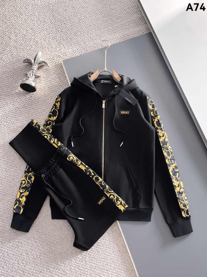 Classic Logo Embroidery & Side Webbing Stripe Zip Up Collared Sweatshirt + Drawstring Cuffed Jogger Pants Set 151 colors 29107785