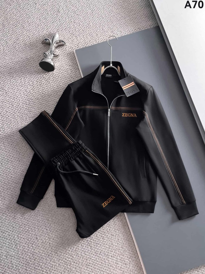 Classic Logo Embroidery & Side Webbing Stripe Zip Up Collared Sweatshirt + Drawstring Cuffed Jogger Pants Set 151 colors 29107785