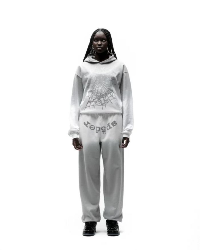 [Big & Tall for weights up to 220 lbs]1:1 quality version Gray White Dip-Dye Spider Web Print Hoodie & Pants Set 29168717