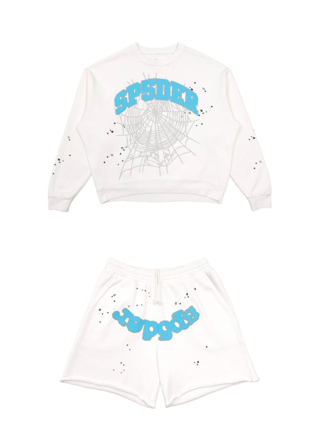 [Big & Tall for weights up to 220 lbs]1:1 quality version Blue Letter Gray Mesh Print Crew Neck Sweatshirt & Shorts Set 29168716