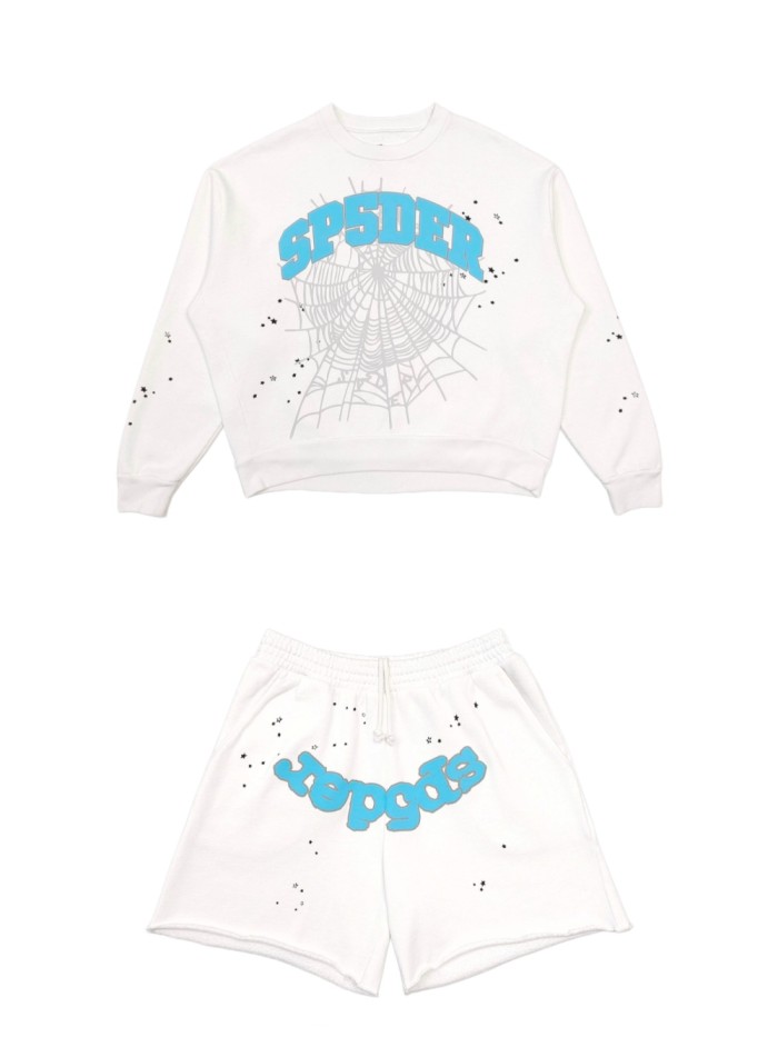 [Big & Tall for weights up to 220 lbs]1:1 quality version Blue Letter Gray Mesh Print Crew Neck Sweatshirt & Shorts Set 29168716