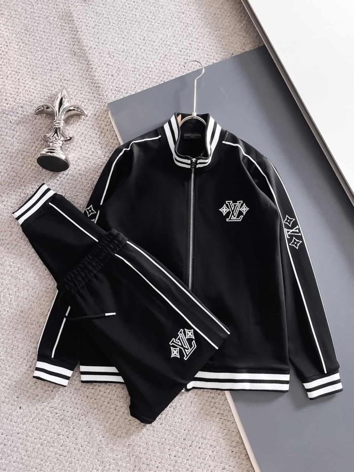 Classic Logo Embroidery & Side Webbing Stripe Zip Up Collared Sweatshirt + Drawstring Cuffed Jogger Pants Set 151 colors 29107785