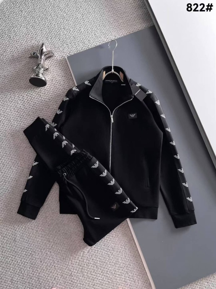 Classic Logo Embroidery & Side Webbing Stripe Zip Up Collared Sweatshirt + Drawstring Cuffed Jogger Pants Set 151 colors 29107785