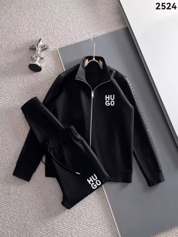 Classic Logo Embroidery & Side Webbing Stripe Zip Up Collared Sweatshirt + Drawstring Cuffed Jogger Pants Set 151 colors 29107785