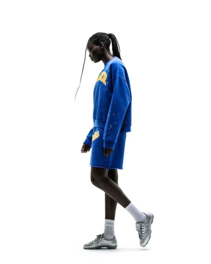 [Big & Tall for weights up to 220 lbs]1:1 quality version Yellow Letter Blue Mesh Print Crew Neck Sweatshirt & Shorts Set 29168715