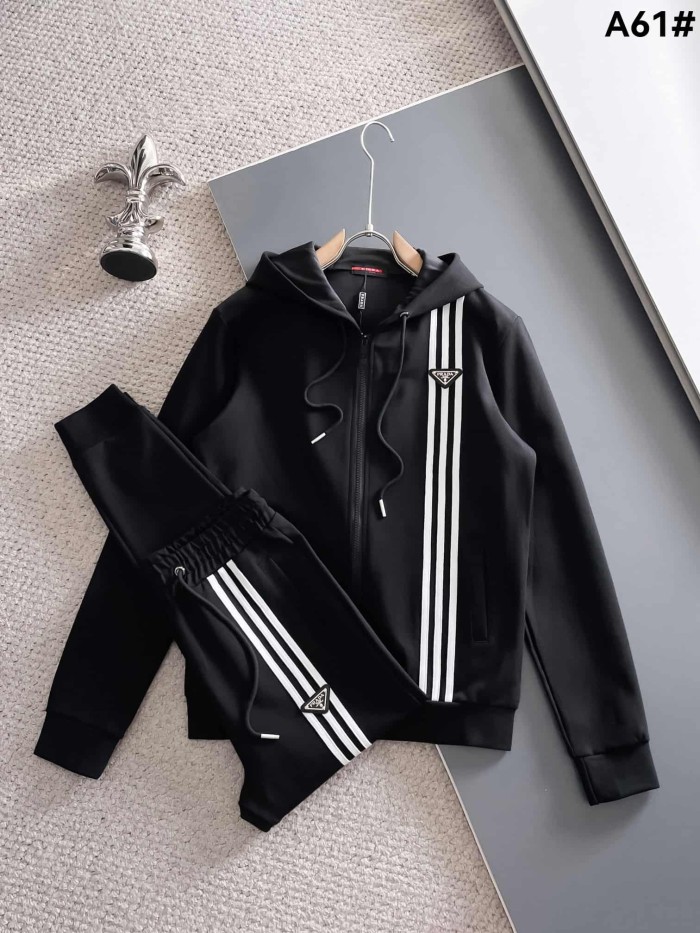 Classic Logo Embroidery & Side Webbing Stripe Zip Up Collared Sweatshirt + Drawstring Cuffed Jogger Pants Set 151 colors 29107785