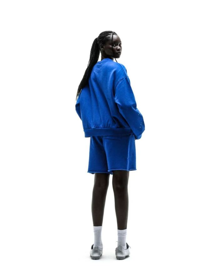 [Big & Tall for weights up to 220 lbs]1:1 quality version Yellow Letter Blue Mesh Print Crew Neck Sweatshirt & Shorts Set 29168715