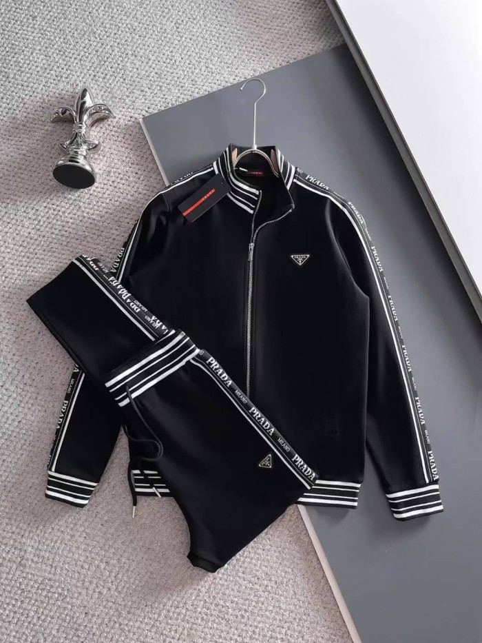Classic Logo Embroidery & Side Webbing Stripe Zip Up Collared Sweatshirt + Drawstring Cuffed Jogger Pants Set 151 colors 29107785