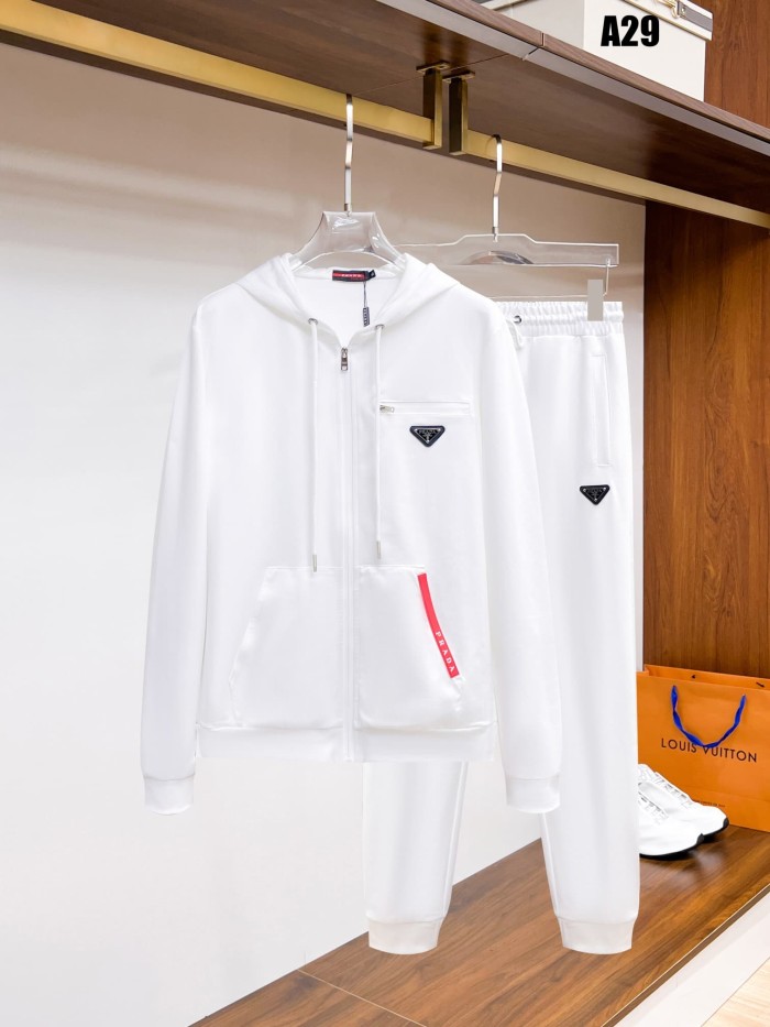 Classic Logo Embroidery & Side Webbing Stripe Zip Up Collared Sweatshirt + Drawstring Cuffed Jogger Pants Set 151 colors 29107785