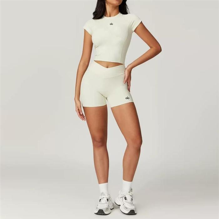 Back Cutout Fitted Top Cross High Waist Shorts Yoga Set 5 colors 29201426