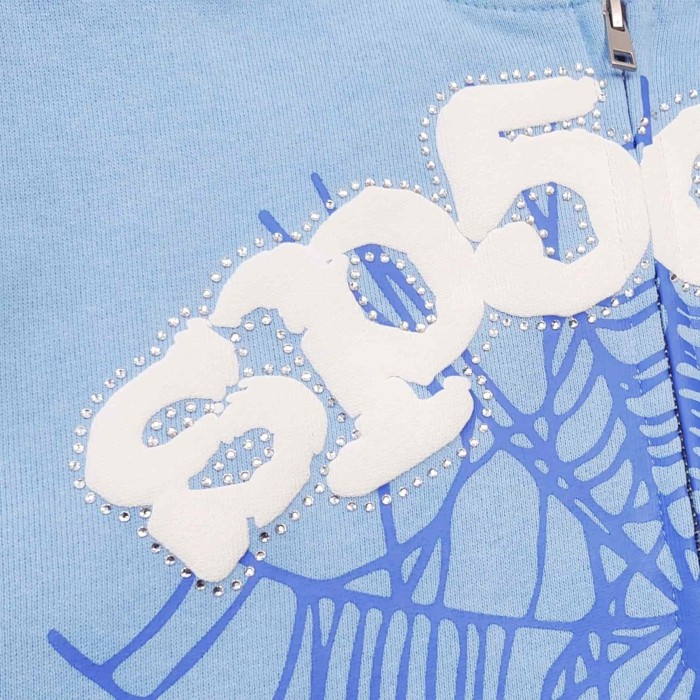 [Big & Tall for weights up to 220 lbs]1:1 quality version Rhinestone Light Blue Spider Web Zip Up Hoodie & Shorts Set 29204992