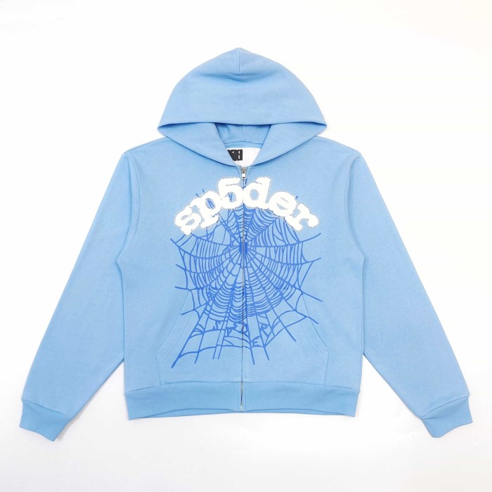 [Big & Tall for weights up to 220 lbs]1:1 quality version Rhinestone Light Blue Spider Web Zip Up Hoodie & Shorts Set 29204992