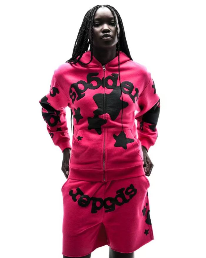 [Big & Tall for weights up to 220 lbs]1:1 quality version Black Star Magenta Zip Up Hoodie & Shorts Set 29204990