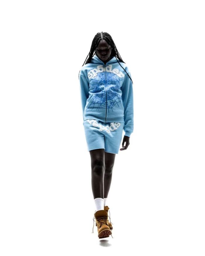 [Big & Tall for weights up to 220 lbs]1:1 quality version Rhinestone Light Blue Spider Web Zip Up Hoodie & Shorts Set 29204992