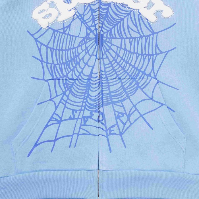 [Big & Tall for weights up to 220 lbs]1:1 quality version Rhinestone Light Blue Spider Web Zip Up Hoodie & Shorts Set 29204992